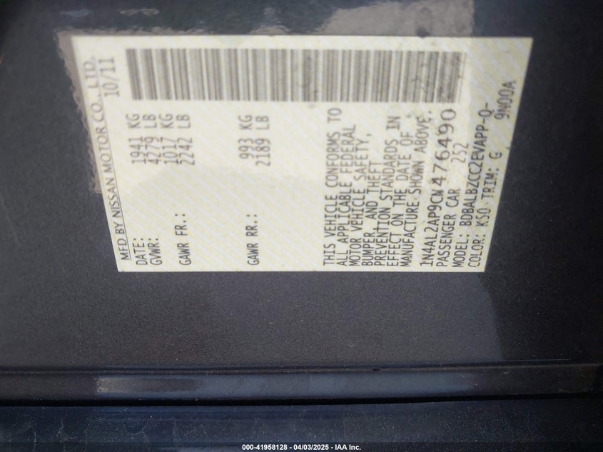 2012 NISSAN ALTIMA VIN: 1N4AL2AP9CN476490