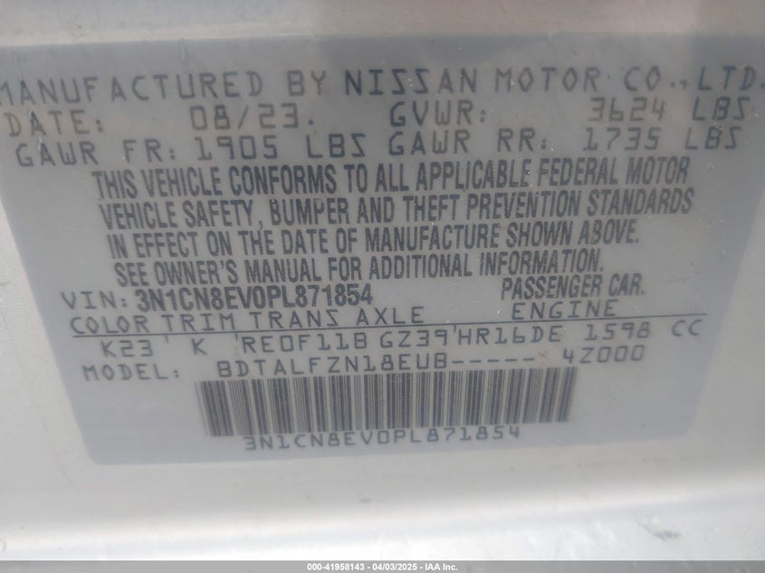 2023 NISSAN VERSA VIN: 3N1CN8EV0PL871854