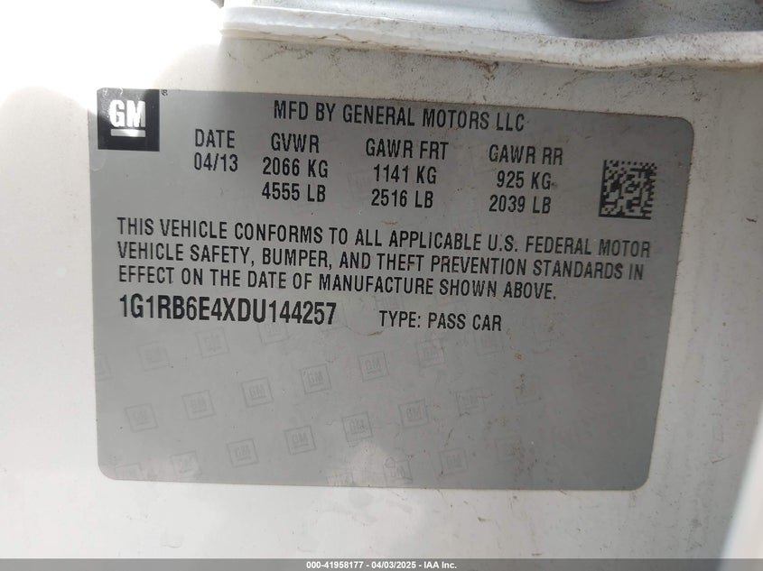 2013 CHEVROLET VOLT VIN: 1G1RB6E4XDU144257