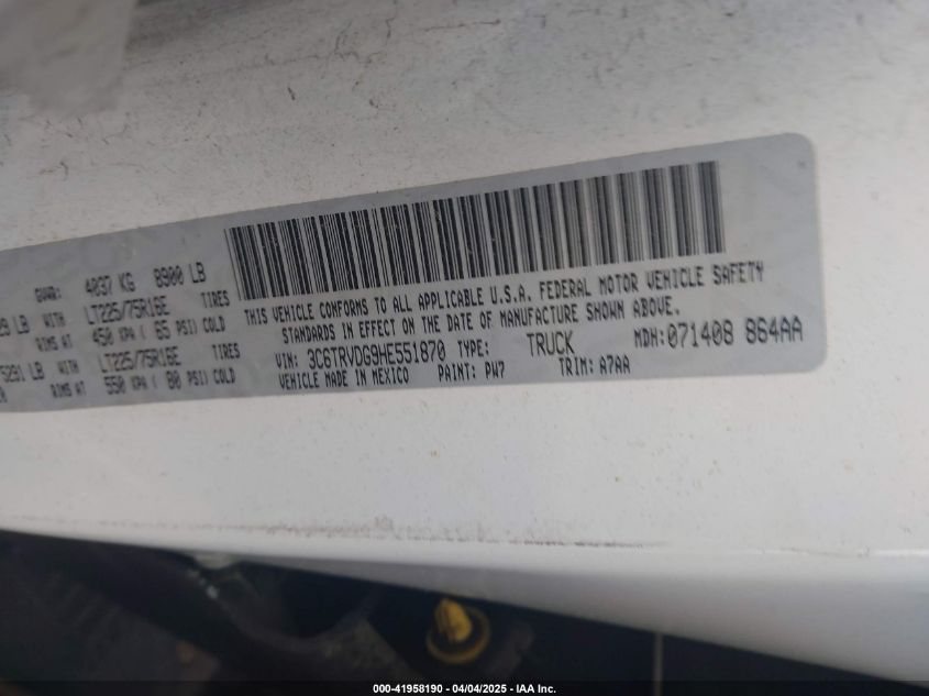 2017 Ram Promaster 2500 High Roof 159 Wb VIN: 3C6TRVDG9HE551870 Lot: 41958190