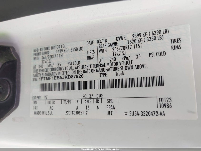 2018 FORD F-150 VIN: 1FTMF1EB5JKD87926