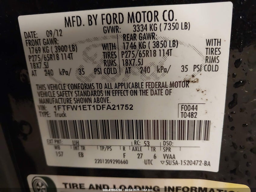 2013 FORD F-150 VIN: 1FTFW1ET1DFA21752