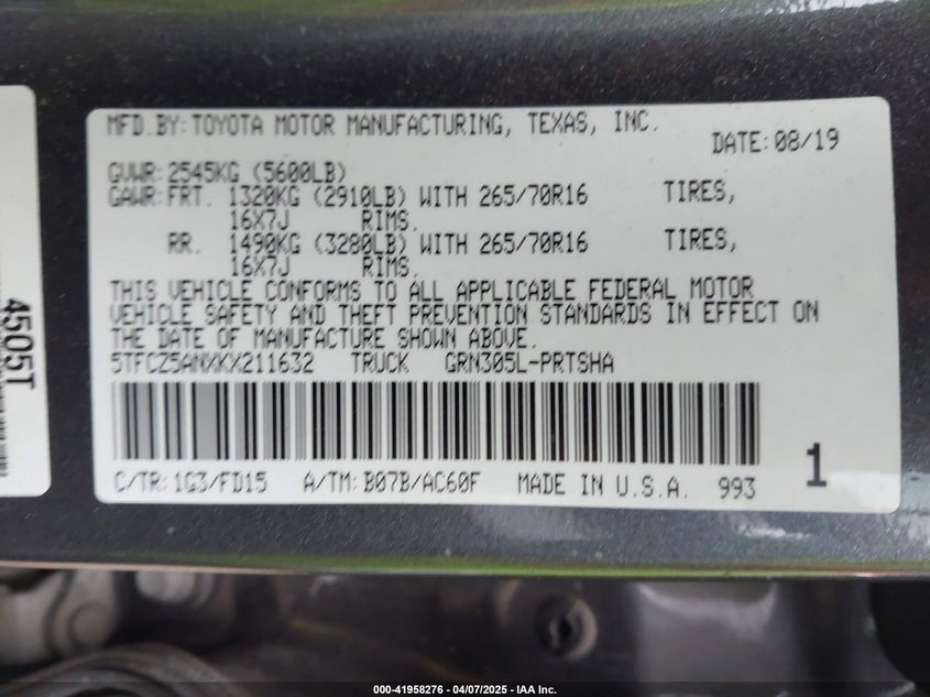 2019 TOYOTA TACOMA VIN: 5TFCZ5ANXKX211632