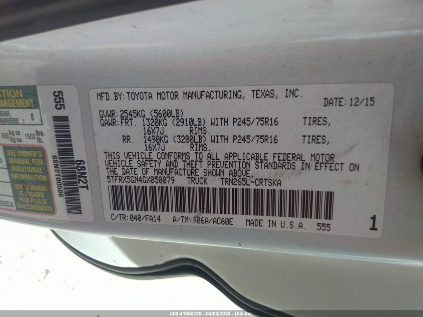 2016 TOYOTA TACOMA VIN: 5TFRX5GN4GX058079