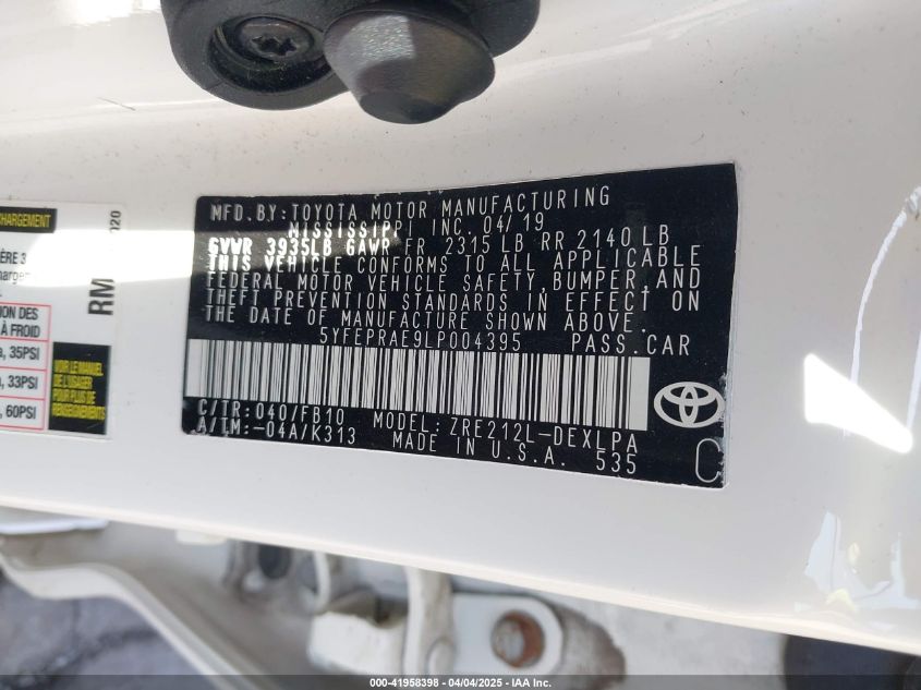 2020 Toyota Corolla Le VIN: 5YFEPRAE9LP004395 Lot: 41958398