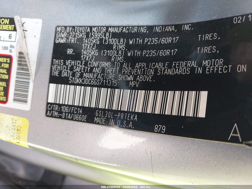 2016 TOYOTA SIENNA VIN: 5TDKK3DC6GS711315