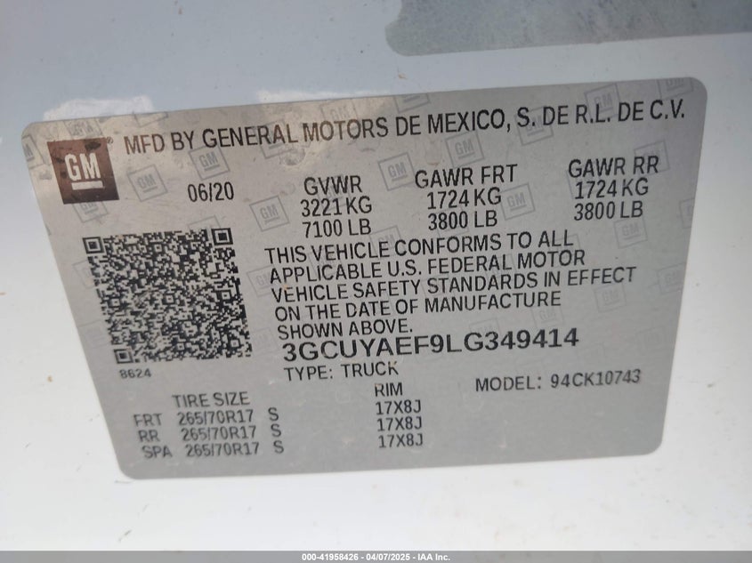2020 CHEVROLET SILVERADO VIN: 3GCUYAEF9LG349414