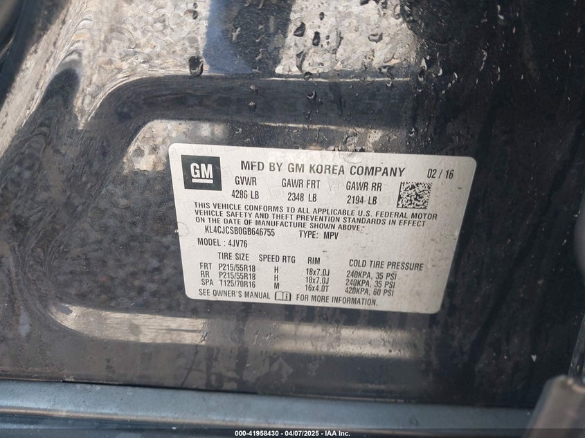 2016 BUICK ENCORE VIN: KL4CJCSB0GB646755