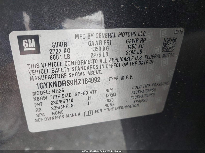 2017 Cadillac Xt5 Luxury VIN: 1GYKNDRS9HZ184992 Lot: 41958484