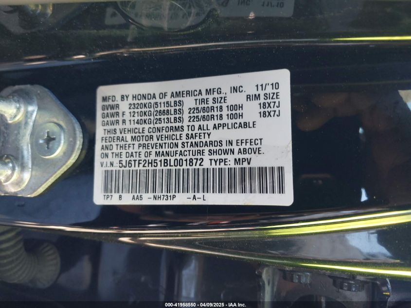 2011 Honda Accord Crosstour Ex-L VIN: 5J6TF2H51BL001872 Lot: 41958550