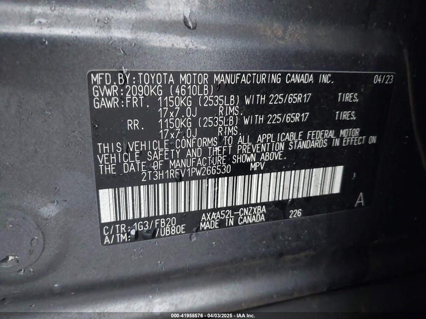 VIN 2T3H1RFV1PW266530 2023 TOYOTA RAV4 LE