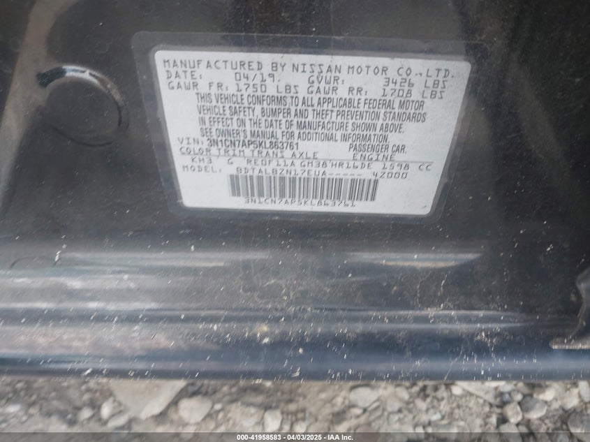 2019 NISSAN VERSA VIN: 3N1CN7AP5KL863761