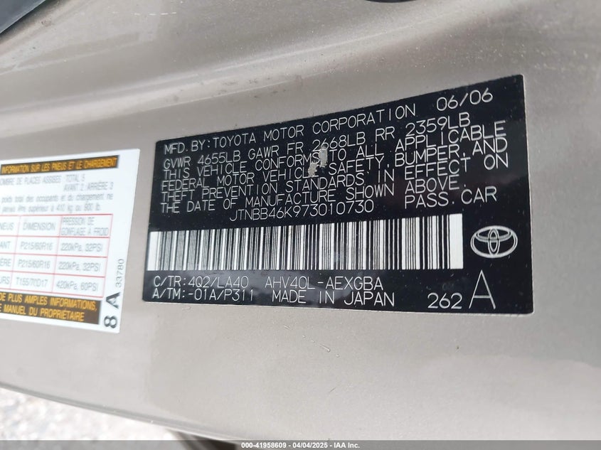 2007 TOYOTA CAMRY VIN: JTNBB46K973010730