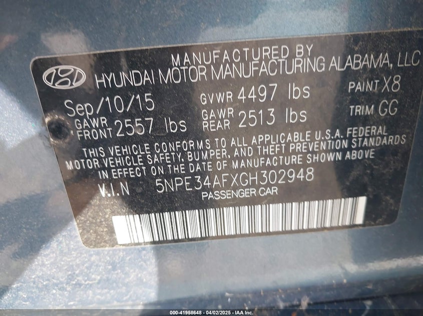 2016 HYUNDAI SONATA VIN: 5NPE34AFXGH302948