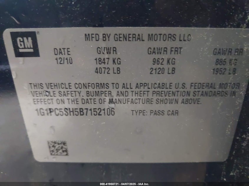 2011 CHEVROLET CRUZE VIN: 1G1PC5SH5B7152106