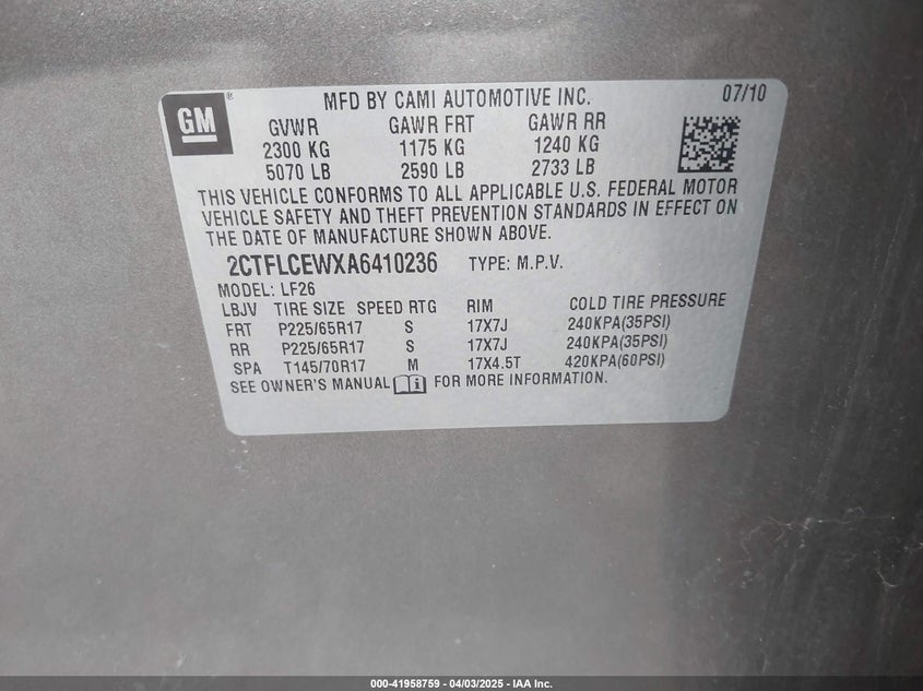 2010 GMC TERRAIN VIN: 2CTFLCEWXA6410236