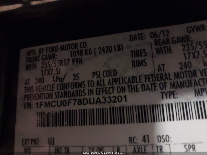 2013 FORD ESCAPE VIN: 1FMCU0F78DUA33201