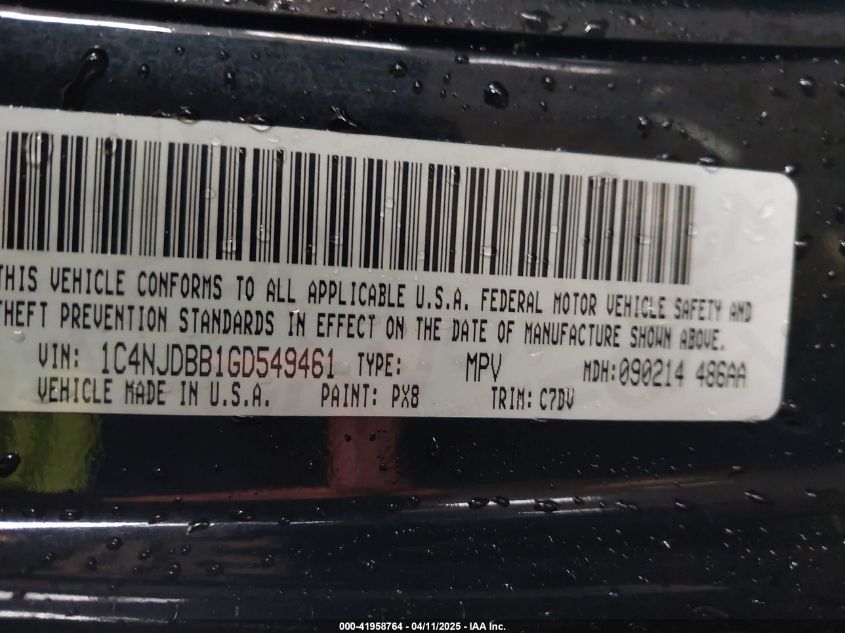 2016 Jeep Compass Sport VIN: 1C4NJDBB1GD549461 Lot: 41958764