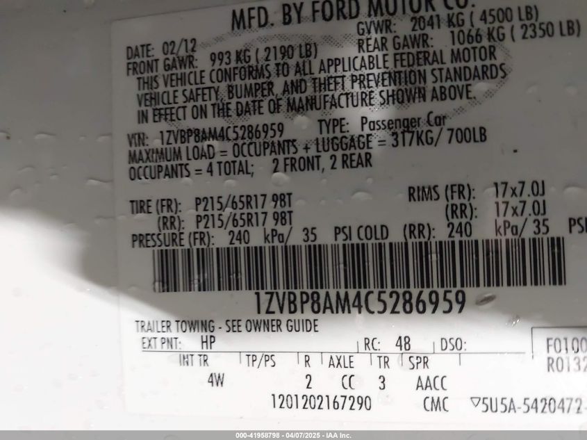 2012 Ford Mustang V6 Premium VIN: 1ZVBP8AM4C5286959 Lot: 41958798
