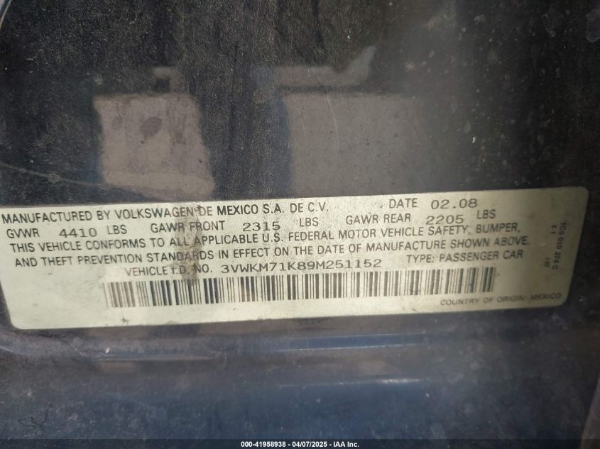2009 Volkswagen Jetta 2.5L S VIN: 3VWKM71K89M251152 Lot: 41958938