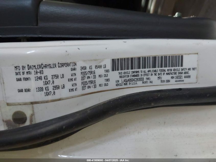 2004 Jeep Grand Cherokee Laredo VIN: 1J4GW48S64C283559 Lot: 41959000