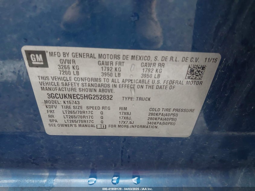 2017 CHEVROLET SILVERADO VIN: 3GCUKNEC5HG252832