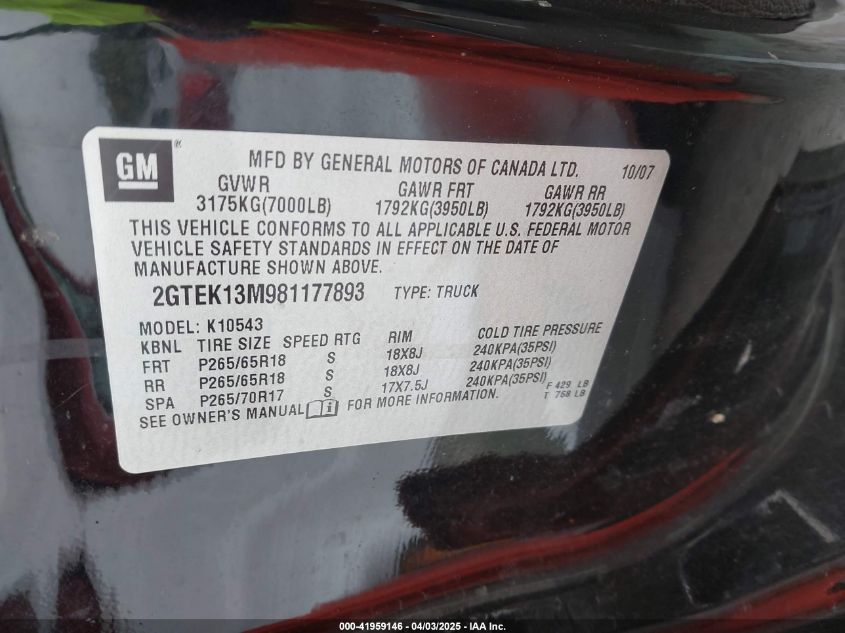 2008 GMC Sierra 1500 Sle2 VIN: 2GTEK13M981177893 Lot: 41959146