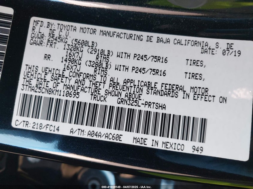 2019 TOYOTA TACOMA VIN: 3TMAZ5CN8KM110695
