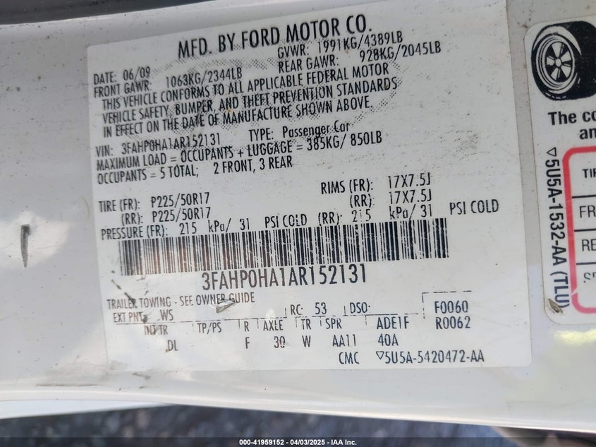 2010 FORD FUSION VIN: 3FAHP0HA1AR152131
