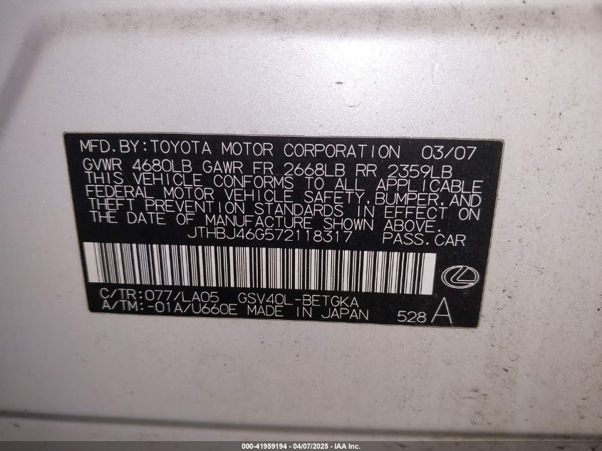 2007 Lexus Es 350 350 VIN: JTHBJ46G572118317 Lot: 41959194