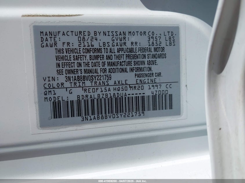 2025 NISSAN SENTRA VIN: 3N1AB8BV0SY221759