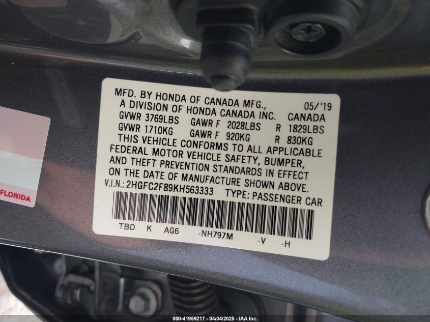 2019 Honda Civic Sport VIN: 2HGFC2F89KH563333 Lot: 41959217