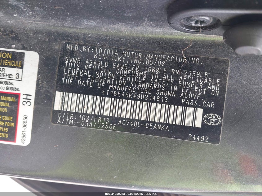 2009 TOYOTA CAMRY VIN: 4T1BE46K49U314813