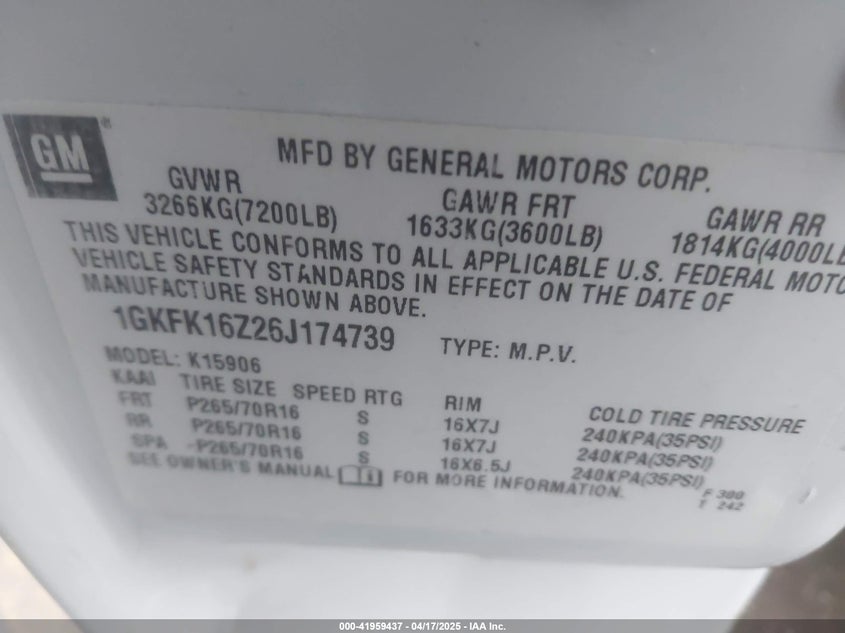 2006 GMC YUKON XL 1500 VIN: 1GKFK16Z26J174739