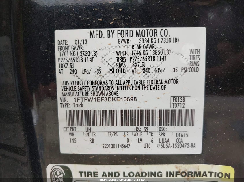 2013 FORD F150 VIN: 1FTFW1EF3DKE10698