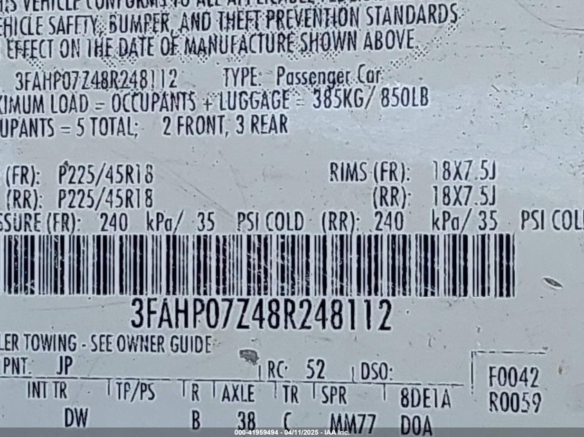 2008 FORD FUSION VIN: 3FAHP07Z48R248112