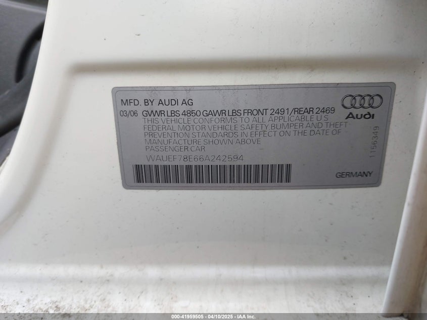 2006 AUDI A4 VIN: WAUEF78E66A242594