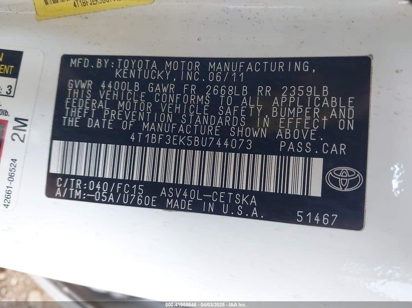 2011 TOYOTA CAMRY VIN: 4T1BF3EK5BU744073