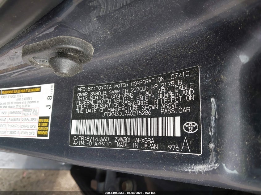 2010 TOYOTA PRIUS VIN: JTDKN3DU7A0215286