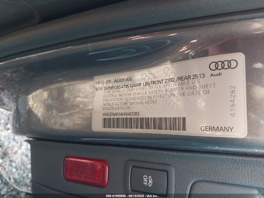 2017 Audi A4 2.0T Premium VIN: WAUENAF44HN043355 Lot: 41959568