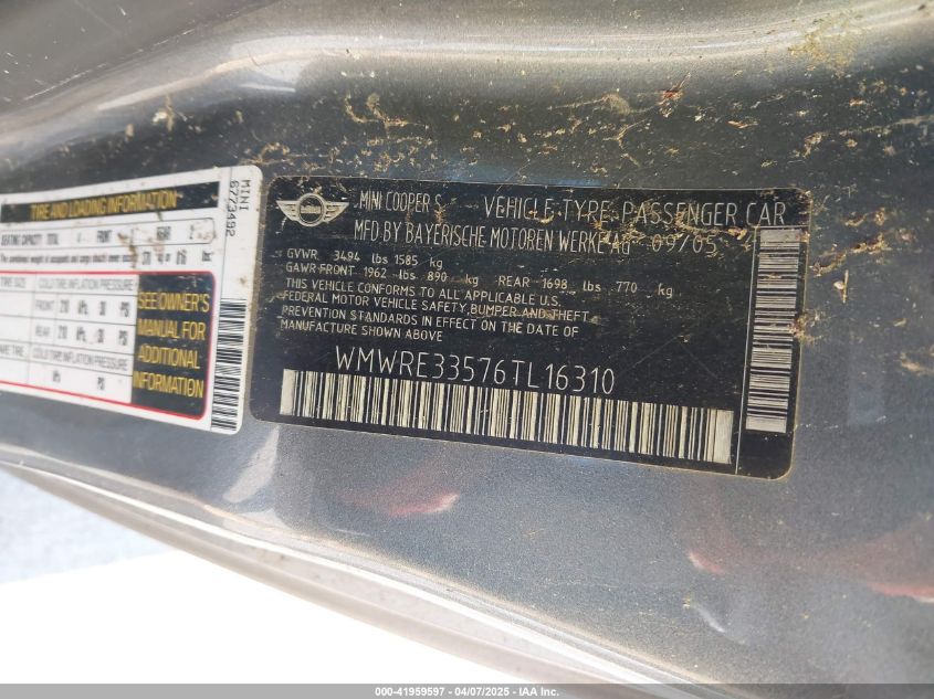 2006 Mini Cooper S VIN: WMWRE33576TL16310 Lot: 41959597