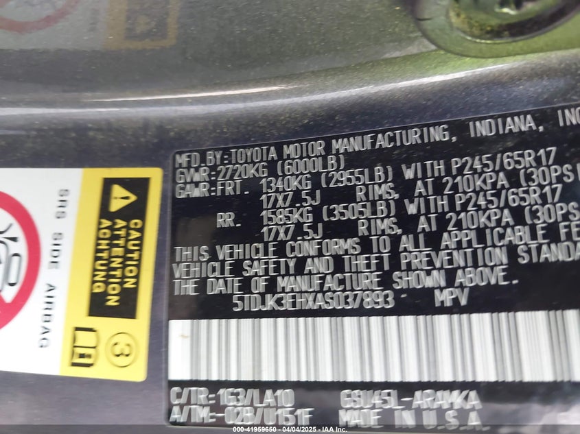2010 TOYOTA HIGHLANDER VIN: 5TDJK3EHXAS037893