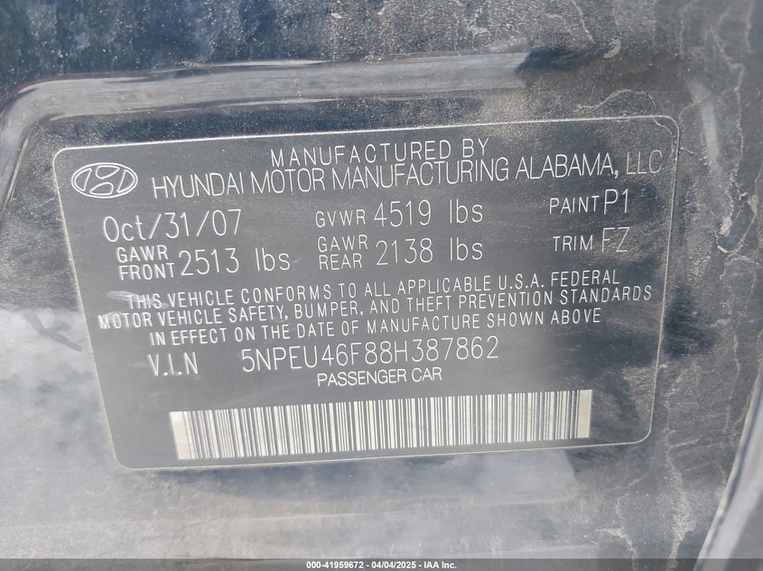 2008 HYUNDAI SONATA VIN: 5NPEU46F88H387862