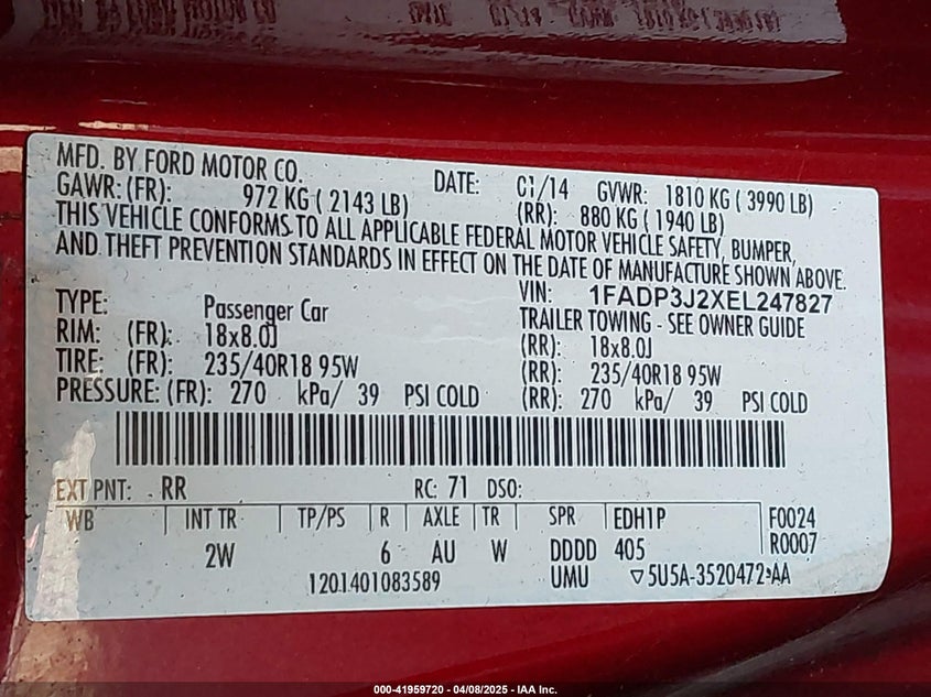 2014 FORD FOCUS VIN: 1FADP3J2XEL247827