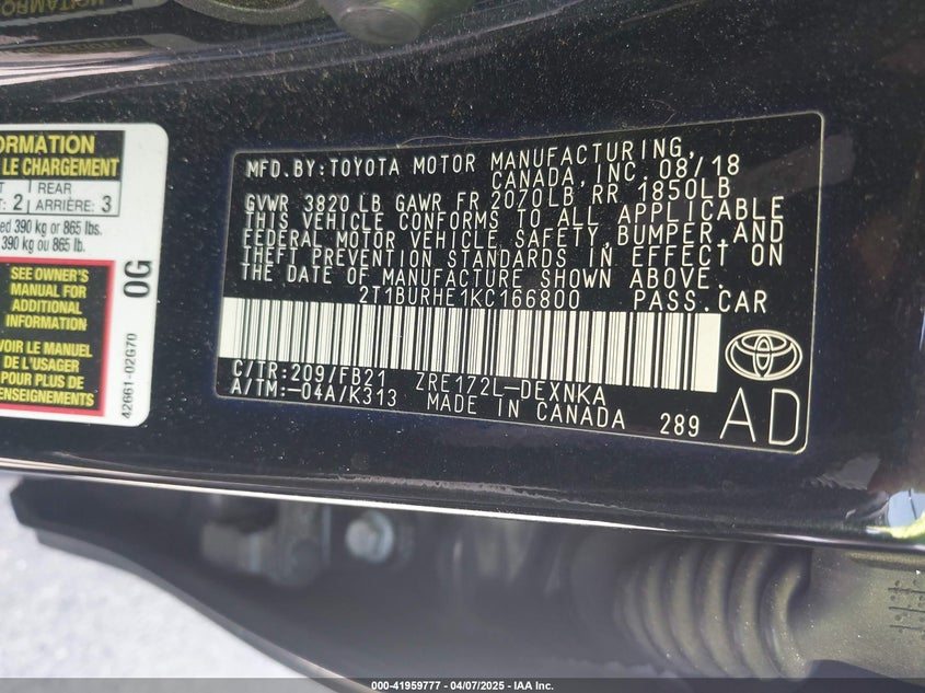 2019 TOYOTA COROLLA VIN: 2T1BURHE1KC166800