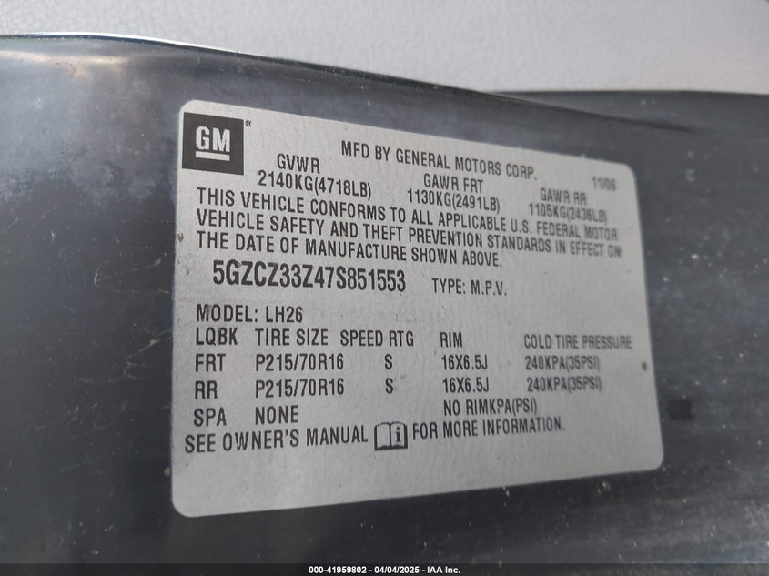 2007 SATURN VUE HYBRID VIN: 5GZCZ33Z47S851553