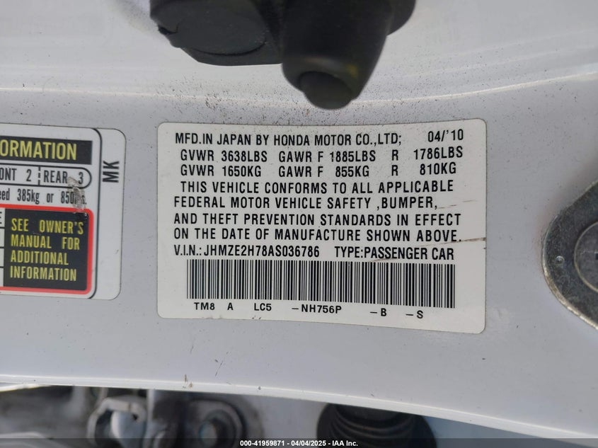 2010 HONDA INSIGHT VIN: JHMZE2H78AS036786