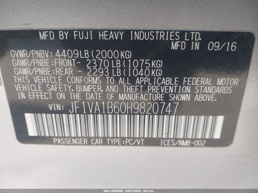 2017 SUBARU WRX VIN: JF1VA1B60H9820747