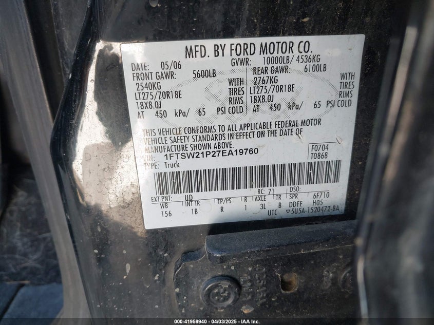 2007 FORD F-250 VIN: 1FTSW21P27EA19760