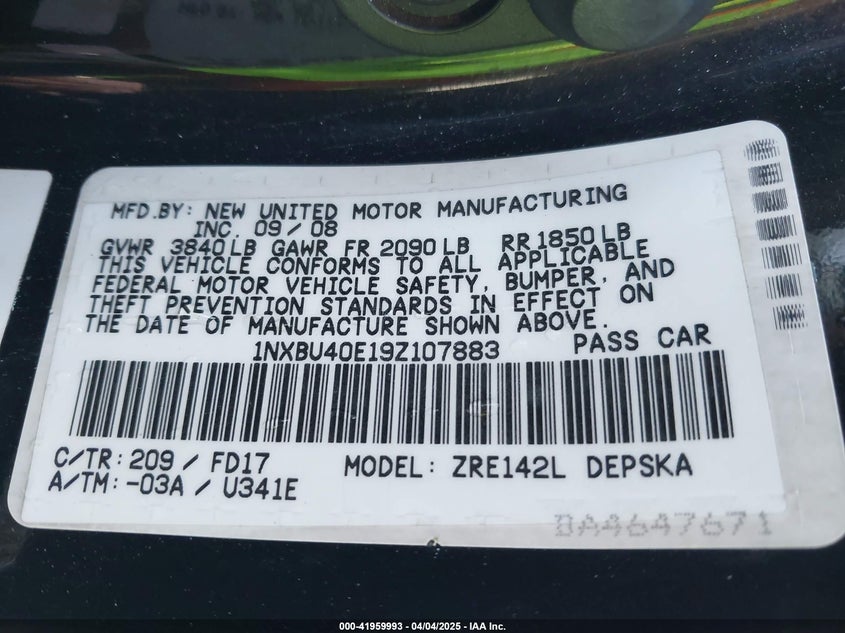 2009 TOYOTA COROLLA VIN: 1NXBU40E19Z107883